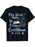 Men's T-Shirt My First Cruise Caribbean 2025 Palm Trees Waves Seagulls At Sunset With Large Ship
