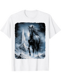 Men's T-Shirt Mystical Mountain Landscape With Galloping Black Horse Amid Fog