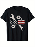 Men's T-Shirt American Flag Patterned Wrenches Surrounded By Nuts On Black T Shirt