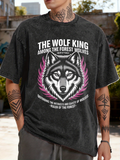 Men's T-Shirt The Wolf King With Pink Feathers Among Forest Wolves Surrounded By Text Wolf