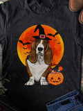 Men's T-Shirt Halloween Full Moon With Basset Hound Witch And Pumpkin