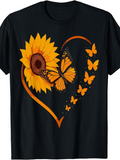 Men's T-Shirt Sunflower Shaped Heart With Flying Monarch Butterflies Under Summer Sky