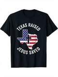 Men's T-Shirt Texas Raised Jesus Saved Bold State Outline Among American Flag Cross Graphic Texas