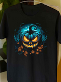 Men's T-Shirt Glowing Blue Fire With Autumn Leaves Surrounding A Grinning Pumpkin