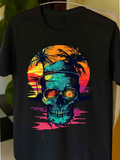 Men's T-Shirt Psychedelic Tropical Sunset Reflections With Palms And Ocean Surrounding Skull