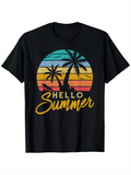 Men's T-Shirt Hello Summer Retro Sunset With Palm Trees Silhouetted On A Beach