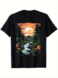 Men's T-Shirt Golden Sunset With Flowing River Pine Trees And Serene Mountain Landscape