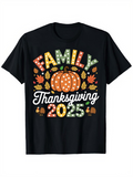 Men's T-Shirt Family Thanksgiving 2025 Surrounded By Colorful Leaves And Dotted Orange Pumpkin