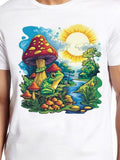Men's T-Shirt Sunny Morning Landscape With Flowing River Frog Among Mushrooms