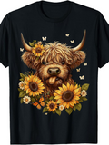 Men's T-Shirt Happy Sunflower Garden Surrounding Smiling Cow With Gentle Butterflies