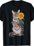 Men's T-Shirt Playful Gray Cat Sitting Holding Vibrant Sunflower Blossom Cat