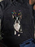 Women's T-Shirt Boston Terrier Wearing Antlers With Colorful Christmas Lights Dog