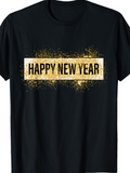 Men's T-Shirt Happy New Year Golden Glitter Rectangular Message With Black Spray Burst Text
