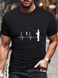Men's T-Shirt Heartbeat Line With Fishing Pole Catching Fish Fisherman