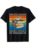 Men's T-Shirt Drink Coffee Read Books Among Colorful Stripes With Stacked Vintage Books