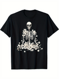 Men's T-Shirt Blooming White Daisies Flowing Under A Sitting Human Skeleton