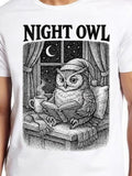 Men's T-Shirt Night Owl Reading With Steam Rising Beside Moonlit Window Cute Owl