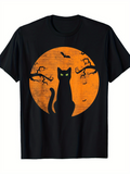 Men's T-Shirt Glowing Orange Moon Among Bats And Bare Trees Cat