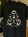 Men's T-Shirt Gothic Praying Skeleton In Robe With Rosary Under Shadowed Light Skull