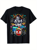 Men's T-Shirt In Jesus Name I Play Colorful Drum Kit Surrounded By Stage Lights
