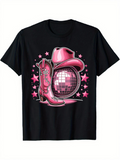 Men's T-Shirt Pink Stars Around Shiny Disco Ball With Cowboy Hat And Boot