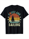 Men's T-Shirt Coffee And Sailing Retro Striped Sun With Calm Sea Sailboat