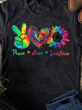 Men's T-Shirt Peace Love Sunshine Tie Dye Pattern With Sunflower On Shimmer Black T Shirt
