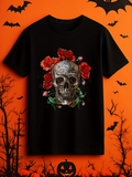 Men's T-Shirt Baroque Skull Surrounded By Red Roses And Greenery