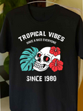 Men's T-Shirt Tropical Vibes Leaf And Hibiscus Blossoms Surrounding A Happy Skull