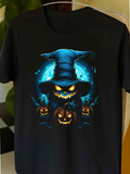 Men's T-Shirt Glowing Blue Flames Around Creepy Pumpkin Witch Hat Skull