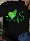 Women's T-Shirt Lively Green Clover Leaves Heartbeat With Stethoscope And Shamrock Pattern Heart