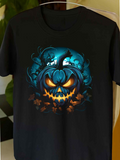 Men's T-Shirt Enchanted Blue Glow With Shadowed Bats Surrounding Fierce Halloween Pumpkin