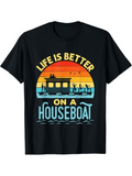 Men's T-Shirt Life Is Better On A Houseboat Silhouetted Trees At Sunset With Water Birds And Rippling Waves Houseboat