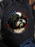 Men's T-Shirt Realistic Dog Portrait Against Faded American Flag Backdrop