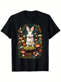Men's T-Shirt Enchanted Woodland Scene With Moss Mushrooms And Ferns Featuring Rabbit