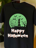 Men's T-Shirt Happy Halloween Glowing Full Moon With Ghost Haunted House Bats Tree