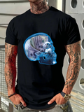 Men's T-Shirt Blue Neon Flames With US Dollar Bills Inside Human Skull