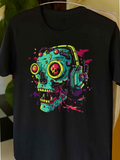 Men's T-Shirt Futuristic Neon Graffiti With Glowing Effects On Robotic Skull