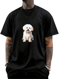 Men's T-Shirt Fluffy White Puppy Sitting Cheerfully On Soft Black T Shirt