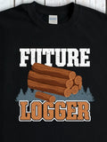 Men's T-Shirt Future Logger Brown Logs Stacked With Trees In Forest Scene