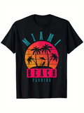 Men's T-Shirt Miami Beach Florida Sunset With Palm Trees Surfer Silhouette
