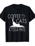 Men's T-Shirt Coffee Cats And Yoga Mats Playful White Cat With Coffee Cup On Mat