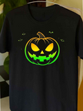 Men's T-Shirt Glowing Green Halloween Lights Eerie Smiling Pumpkin Under Midnight Sky