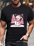Men's T-Shirt Sparkling Snow Winter Night With Pink Trees And Joyful Snowman
