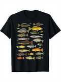 Men's T-Shirt Colorful Watercolor Fish Patterns Swimming Against Black Shirt