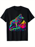 Men's T-Shirt Vivid Neon Colors Illuminating A Lone Wolf And Mountain Landscape Wolf