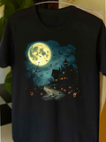 Men's T-Shirt Glowing Full Moon Over Haunted Castle With Bats And Spooky Trees