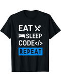 Men's T-Shirt Eat Sleep Code Repeat With Minimal Icons On Black Cotton T Shirt