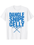 Men's T-Shirt Dangle Snipe Celly Blue Bold Text With Hockey Sticks Underneath Graphic Shirt