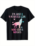 Men's T-Shirt Im Just A 9 Year Old Girl Who Loves Wolves With Colorful Heart And Howling Wolf